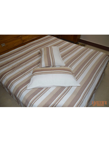 Handloom Cotton Double Bedsheet with Pillow Cover White Base with Brown Stripes