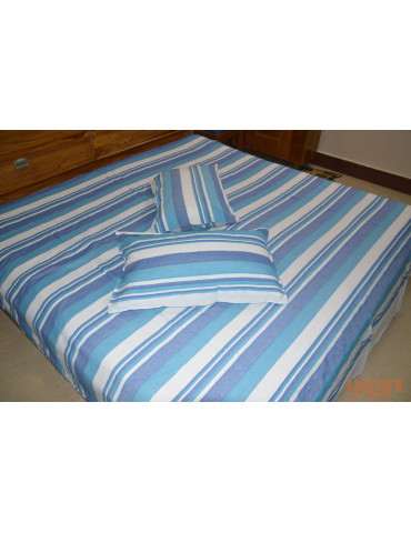 Handloom Cotton Double Bedsheet with Pillow Cover White Base with Blue Stripes