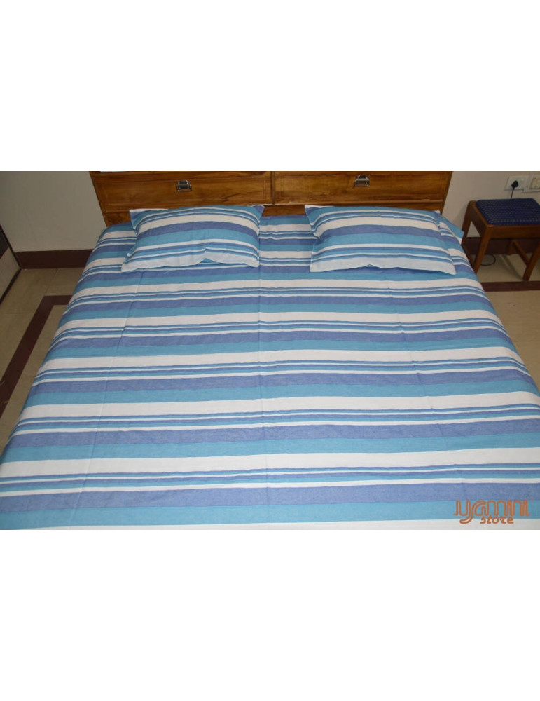 Handloom Cotton Double Bedsheet with Pillow Cover White Base with Blue Stripes