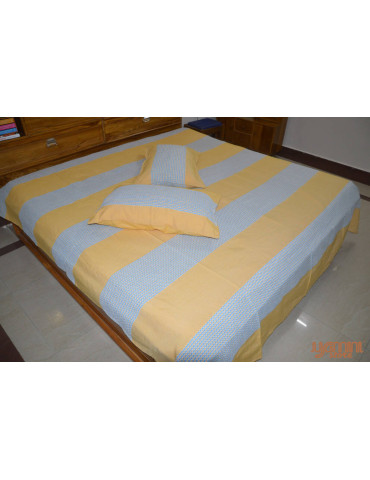 Handloom Cotton Double Bedsheet with Pillow Cover Yellow Stripes  on White Base