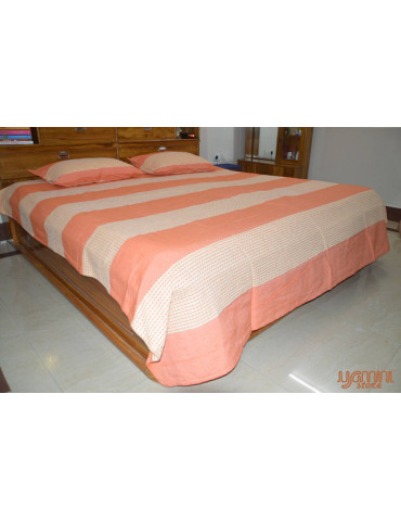 Handloom Cotton Double Bedsheet with Pillow Cover Whitebase with Orange Stripes