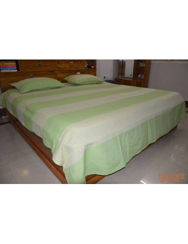Olive Green and White Horizontal Stripes Handloom Cotton Double Bedsheet with Pillow Cover
