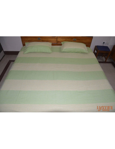 Olive Green and White Horizontal Stripes Handloom Cotton Double Bedsheet with Pillow Cover