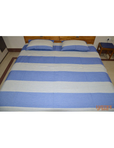 Handloom Cotton Double Bedsheet with Pillow Cover Denim Blue Off White