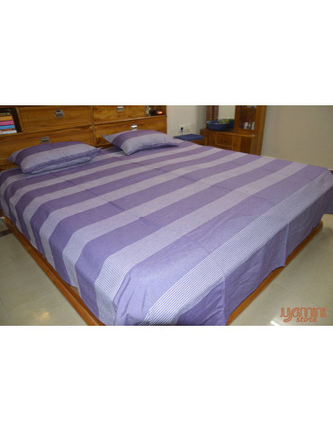 Handloom Cotton Double Bedsheet with Pillow Cover Purple White Striped