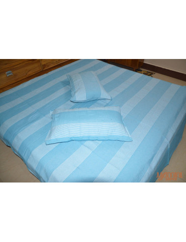 Handloom Cotton Double Bedsheet with Pillow Cover Light Sky Blue White Striped
