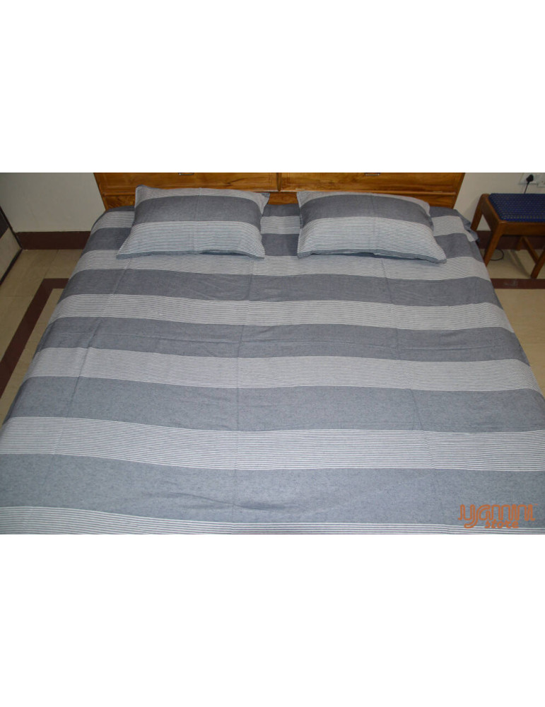 Handloom Cotton Double Bedsheet with Pillow Cover Grey White Striped