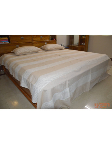 Handloom Cotton Double Bedsheet with Pillow Cover White Base with Yellow Stripes