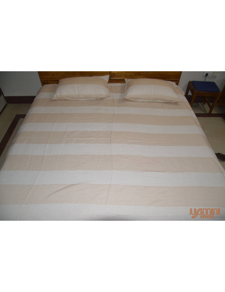 Handloom Cotton Double Bedsheet with Pillow Cover White Base with Yellow Stripes