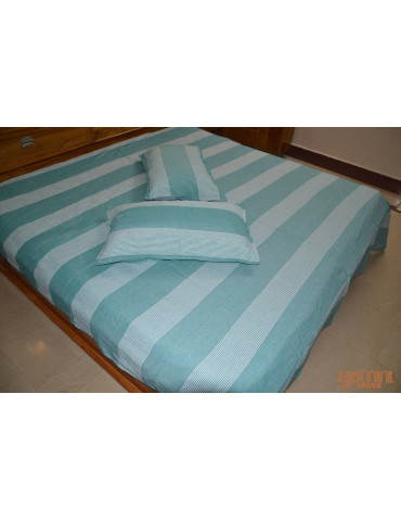 Handloom Cotton Double Bedsheet with Pillow Cover Olive Green White Striped