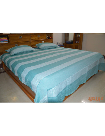 Handloom Cotton Double Bedsheet with Pillow Cover Olive Green White Striped