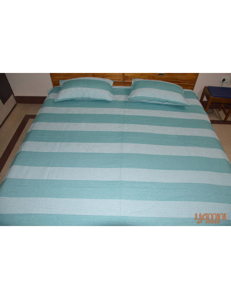 Handloom Cotton Double Bedsheet with Pillow Cover Olive Green White Striped