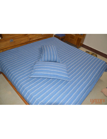 Handloom Cotton Double Bedsheet with Pillow Cover Light Sky Blue White Striped