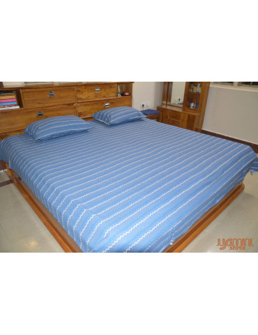Handloom Cotton Double Bedsheet with Pillow Cover Light Sky Blue White Striped