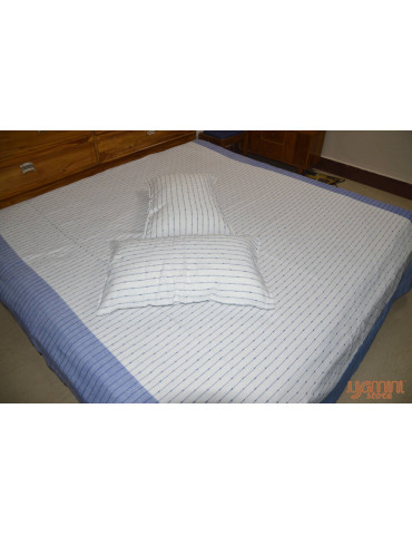 Handloom Cotton Double Bedsheet with Pillow Cover White with Blue Stripe