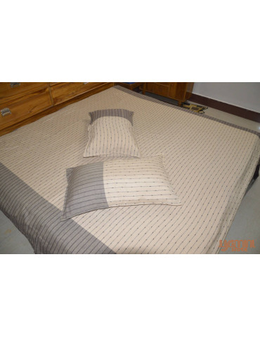 Handloom Cotton Double Bedsheet with Pillow Cover Cream with Black Horizontal Stripe