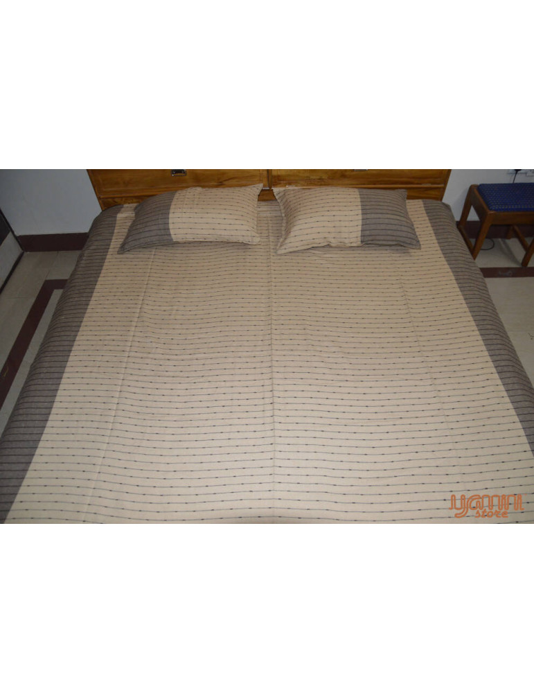 Handloom Cotton Double Bedsheet with Pillow Cover Cream with Black Horizontal Stripe