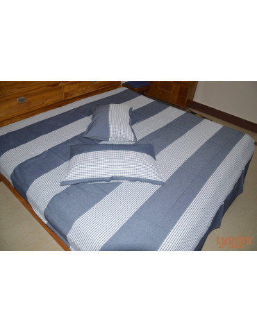 Handloom Cotton Double Bedsheet with Pillow Cover White Grey Stripe Pattern