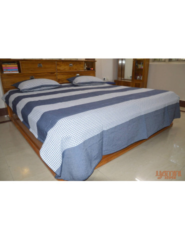 Handloom Cotton Double Bedsheet with Pillow Cover White Grey Stripe Pattern
