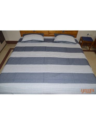 Handloom Cotton Double Bedsheet with Pillow Cover White Grey Stripe Pattern