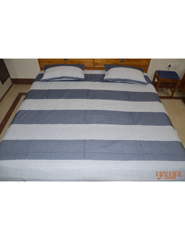 Handloom Cotton Double Bedsheet with Pillow Cover White Grey Stripe Pattern