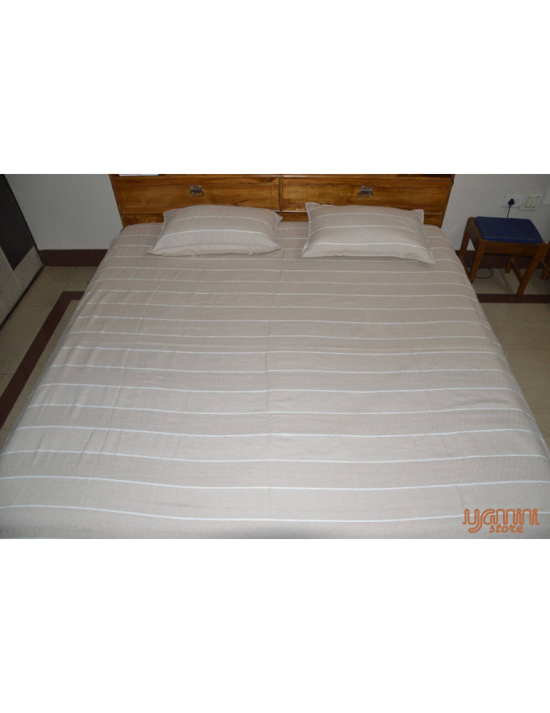 Handloom Cotton Double Bedsheet with Pillow Cover Fog Grey and White Stripe
