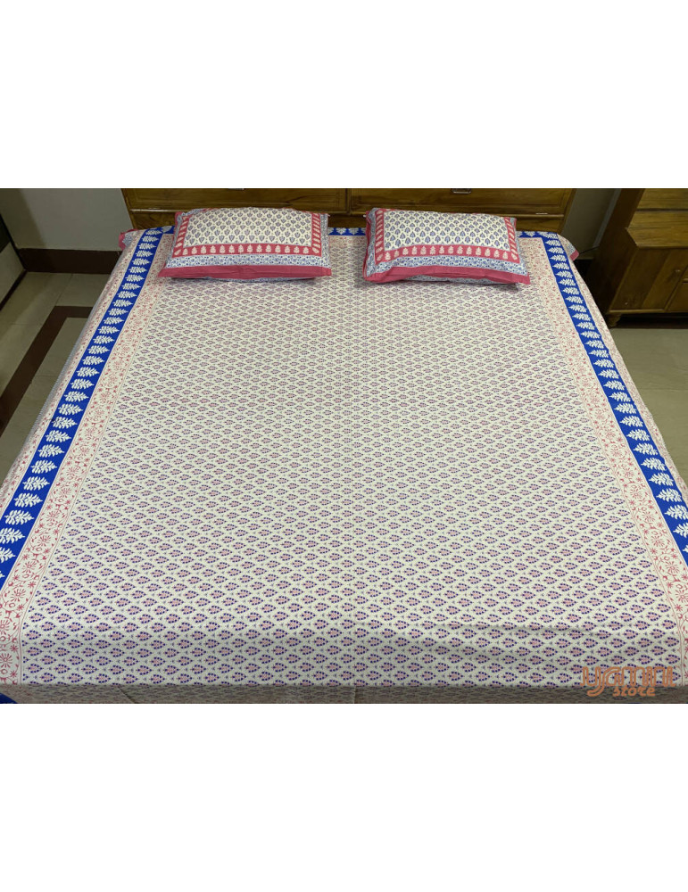 Handloom Pure Cotton Floral Pattern Hand Block print Double Bedsheet with Pillow Cover