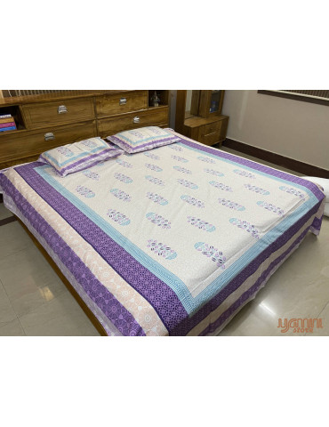Handloom Pure Cotton Floral Pattern Hand Block print Double Bedsheet with Pillow Cover