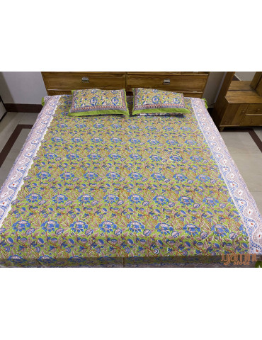 Handloom Pure Cotton Floral Pattern Hand Block print Double Bedsheet with Pillow Cover