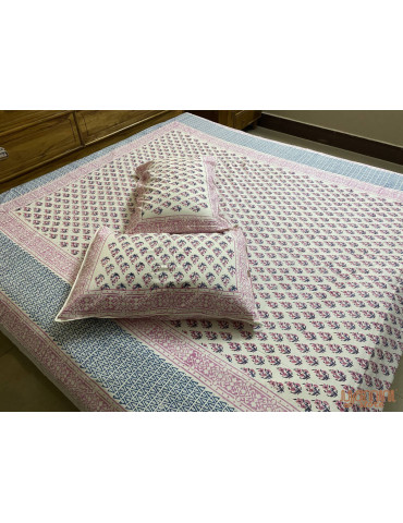 Handloom Pure Cotton Floral Pattern Hand Block print Double Bedsheet with Pillow Cover