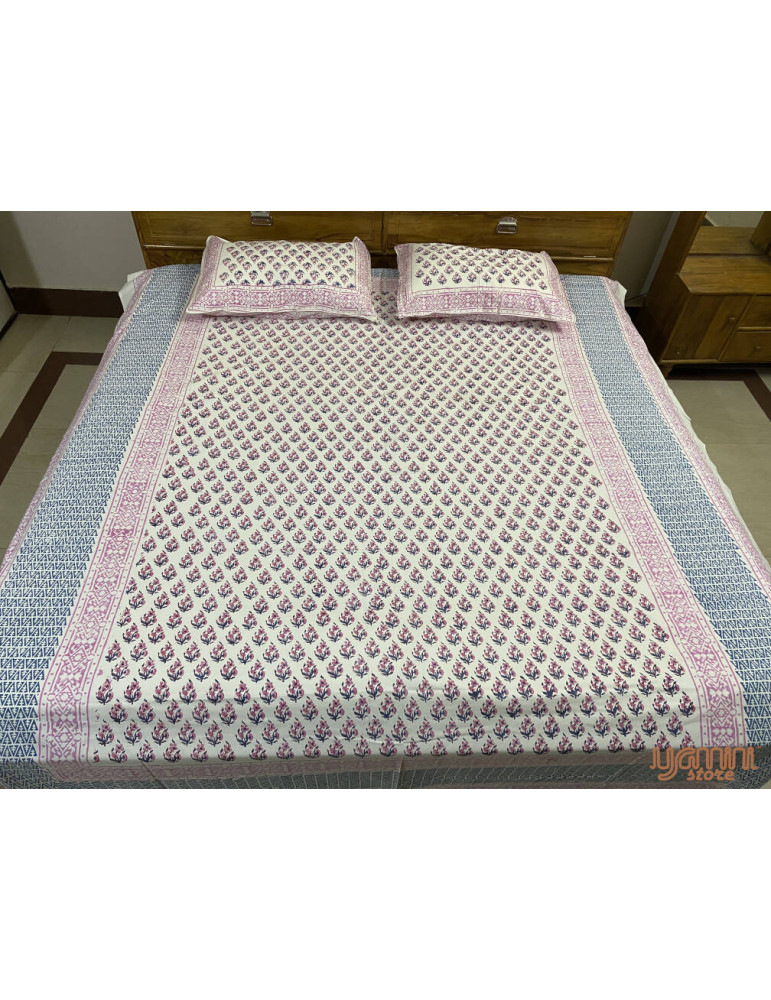 Handloom Pure Cotton Floral Pattern Hand Block print Double Bedsheet with Pillow Cover
