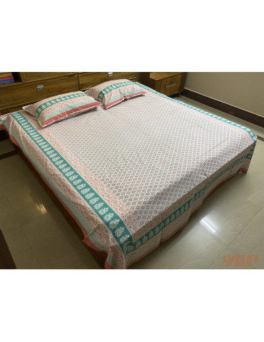 Handloom Pure Cotton Floral Pattern Hand Block print Double Bedsheet with Pillow Cover