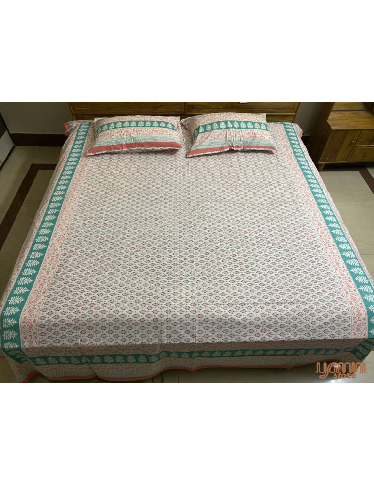 Handloom Pure Cotton Floral Pattern Hand Block print Double Bedsheet with Pillow Cover