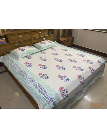 Handloom Pure Cotton Floral Pattern Hand Block print Double Bedsheet with Pillow Cover