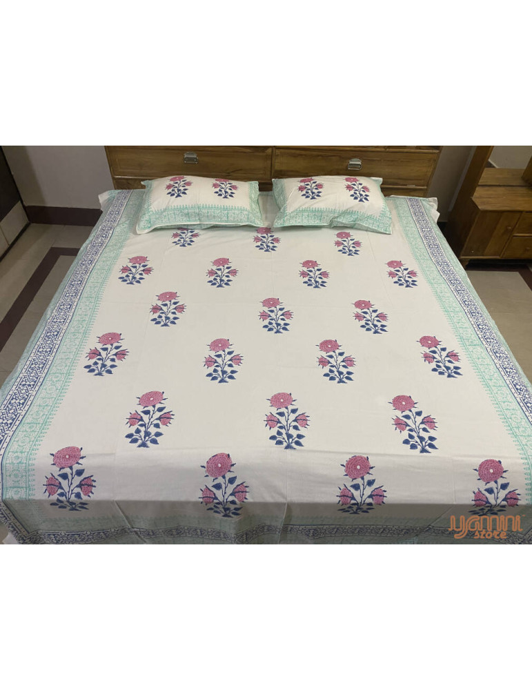 Handloom Pure Cotton Floral Pattern Hand Block print Double Bedsheet with Pillow Cover