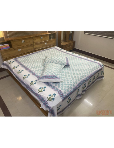 Handloom Pure Cotton Floral Pattern Hand Block print Double Bedsheet with Pillow Cover