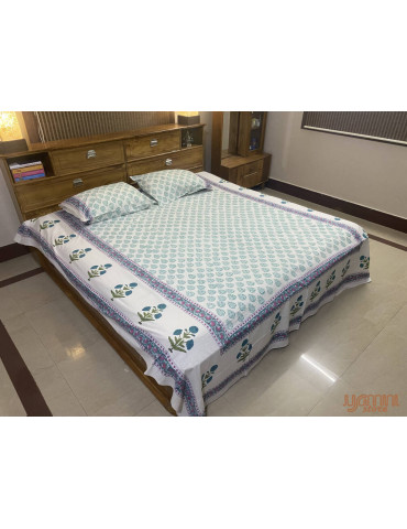Handloom Pure Cotton Floral Pattern Hand Block print Double Bedsheet with Pillow Cover