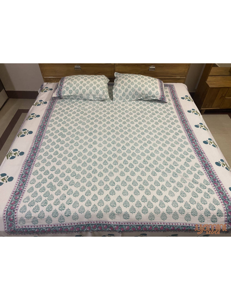 Handloom Pure Cotton Floral Pattern Hand Block print Double Bedsheet with Pillow Cover