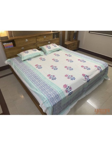 Handloom Pure Cotton Floral Pattern Hand Block print Double Bedsheet with Pillow Cover