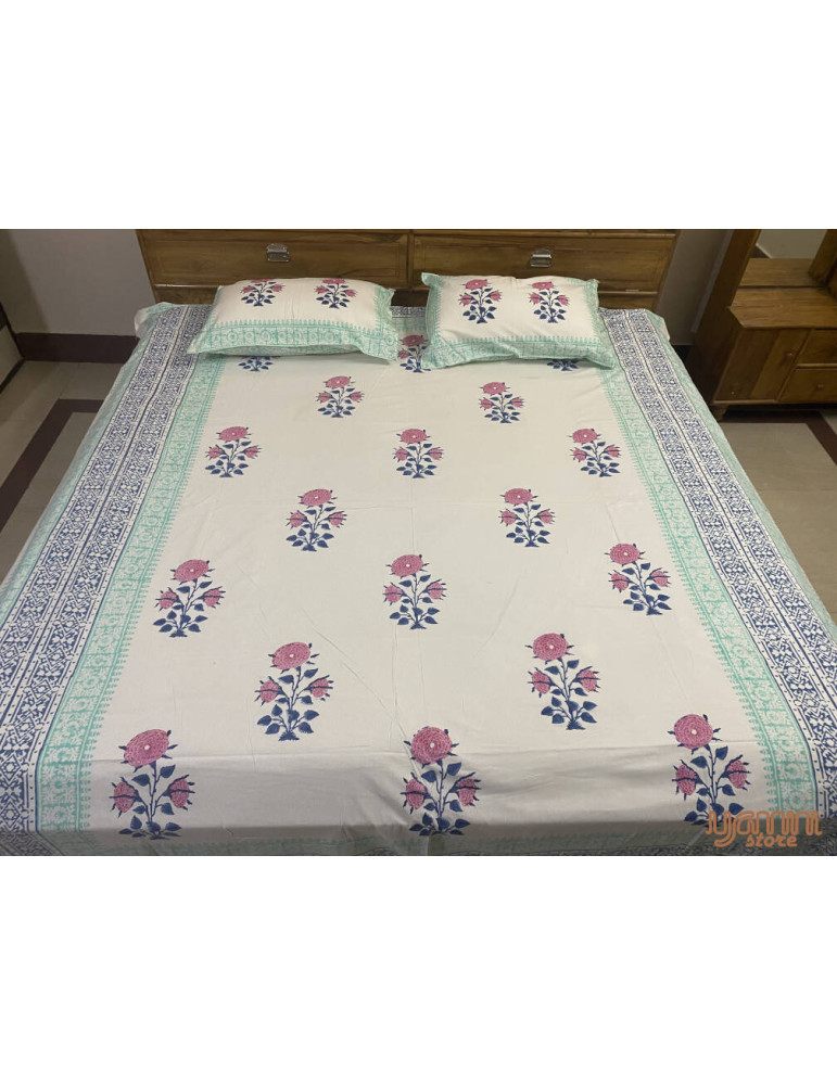 Handloom Pure Cotton Floral Pattern Hand Block print Double Bedsheet with Pillow Cover