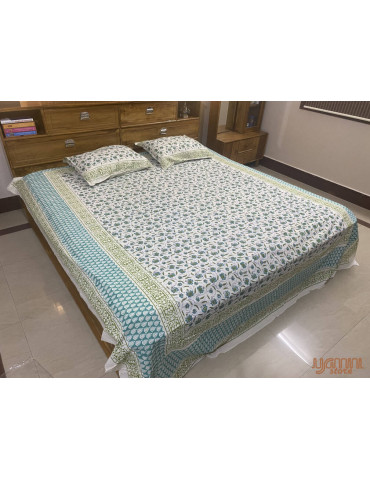 Handloom Pure Cotton Floral Pattern Hand Block print Double Bedsheet with Pillow Cover