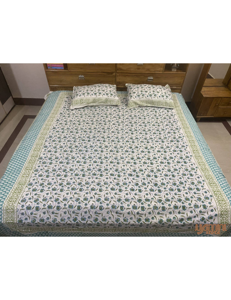 Handloom Pure Cotton Floral Pattern Hand Block print Double Bedsheet with Pillow Cover