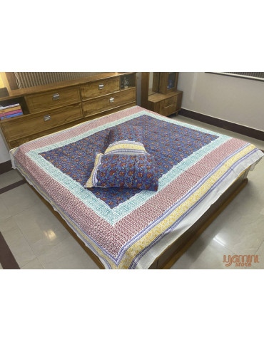 Blue Floral Print Premium Hand Block Printed Cotton Bedsheet With 2 Pillow covers