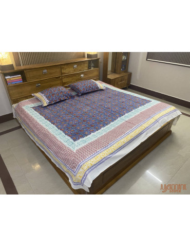 Blue Floral Print Premium Hand Block Printed Cotton Bedsheet With 2 Pillow covers