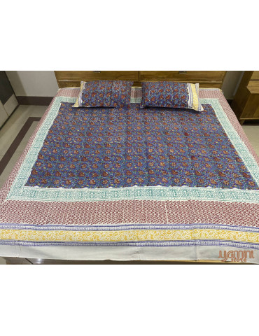 Blue Floral Print Premium Hand Block Printed Cotton Bedsheet With 2 Pillow covers