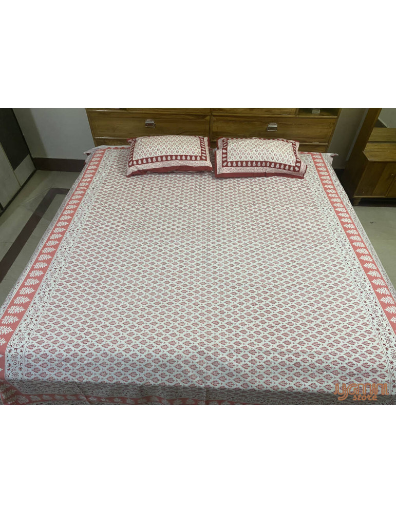 Handloom Pure Cotton Floral Pattern Hand Block print Double Bedsheet with Pillow Cover