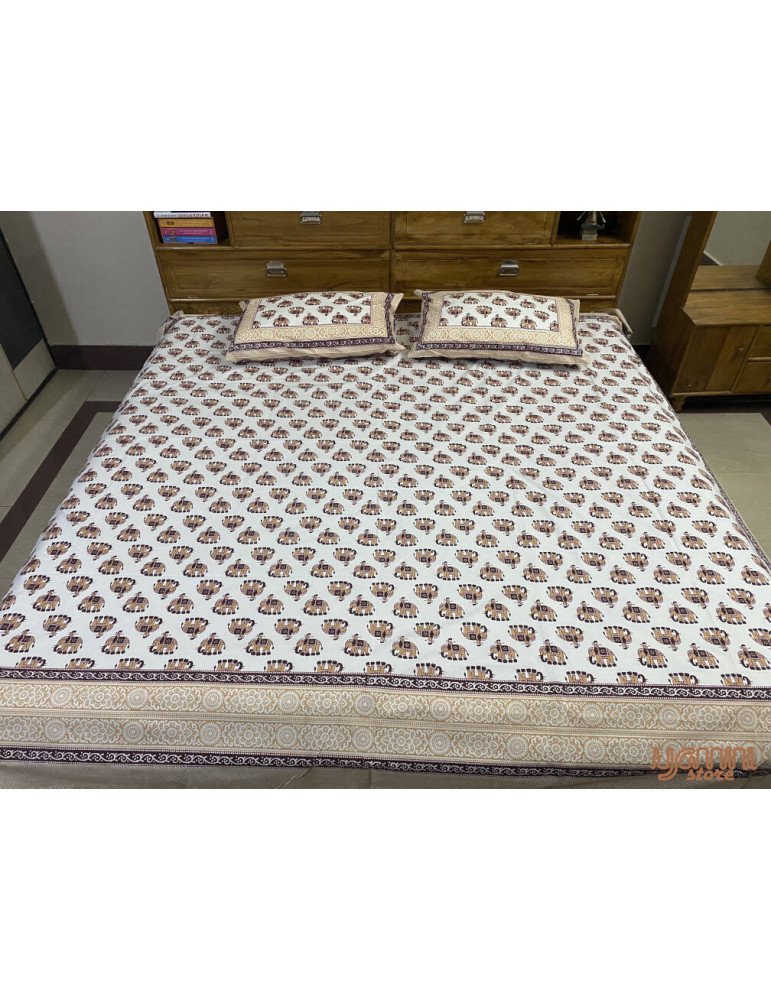 Handloom Pure Cotton Floral Pattern Hand Block print Double Bedsheet with Pillow Cover