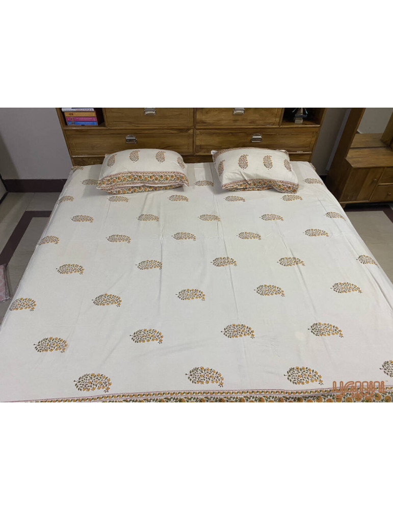 Premium Hand Block Printed Cotton Multicolor Floral Bedsheet With 2 Pillow covers