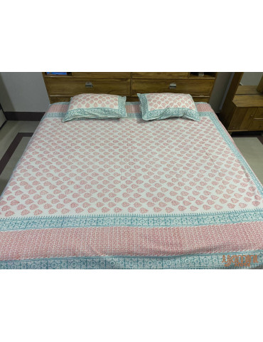 White and Indigo Red  Premium Hand Block Printed Cotton Floral Pattern Bedsheet With 2 Pillow covers