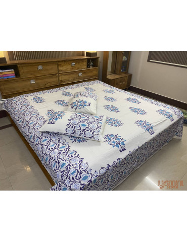 Purple Indigo White Premium Hand Block Printed Cotton Floral Pattern Bedsheet with 2 Pillow covers